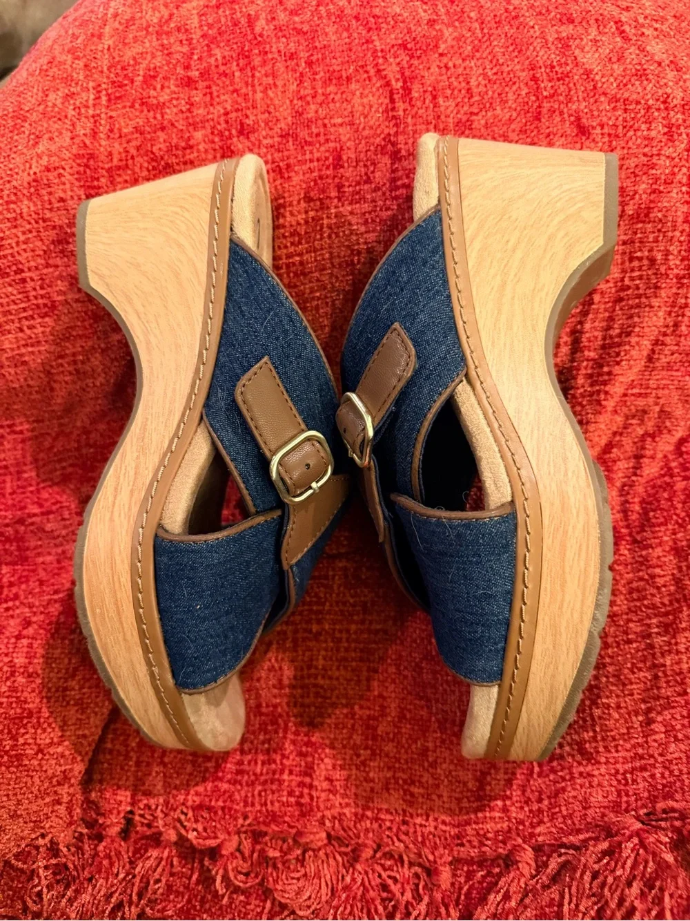 Clarks Denim Crossover Wedge Sandals with Tan Accents